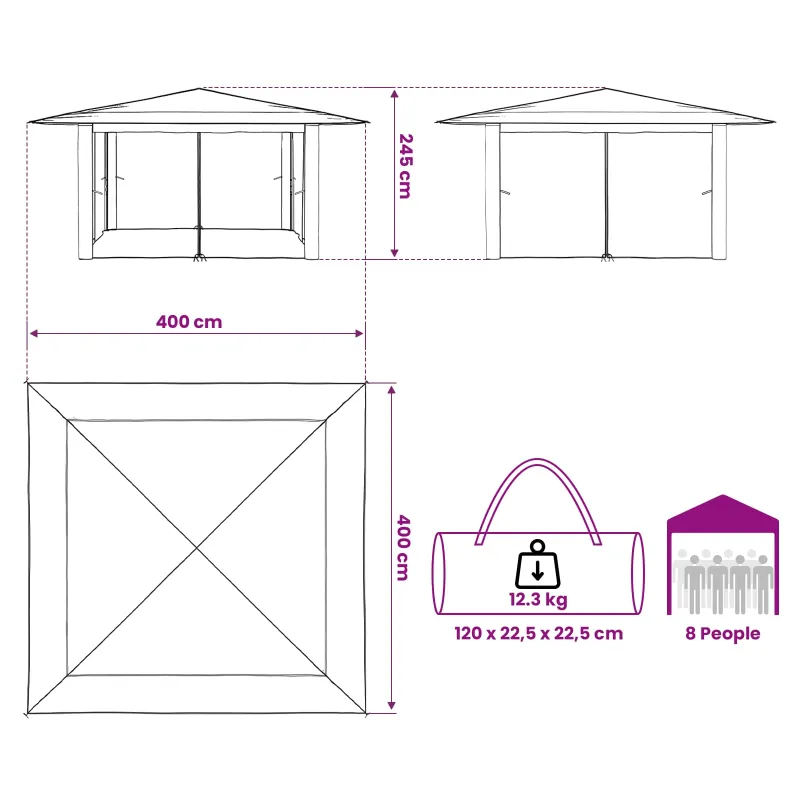 Gazebo su 4 šoninėmis sienomis 4 x 4 m