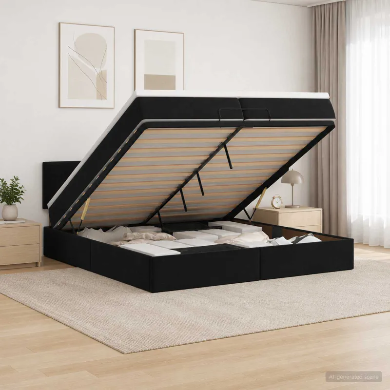 Otmana lova su matracsu ir LED Juoda 200 x 200 cm Aksomas