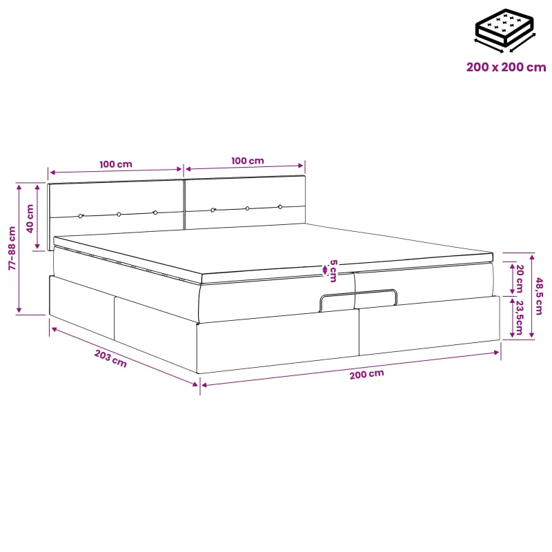 Otmana lova su matracsu ir LED Juoda 200 x 200 cm Aksomas