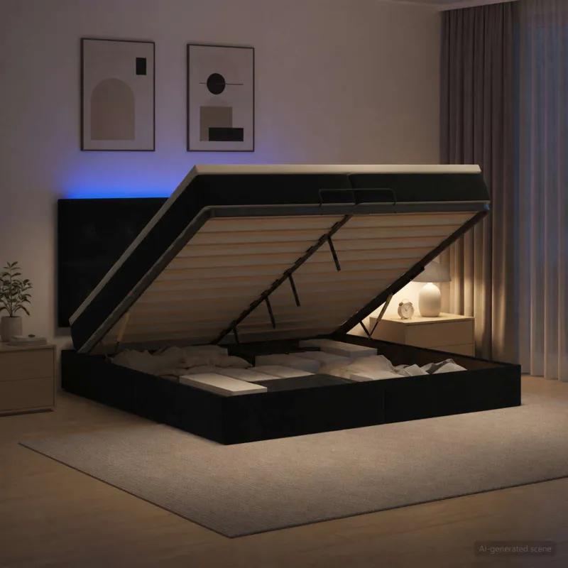 Otmana lova su matracsu ir LED Juoda 200 x 200 cm Aksomas