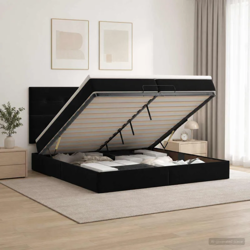 Otmana lova su matracsu ir LED Juoda 200 x 200 cm Aksomas