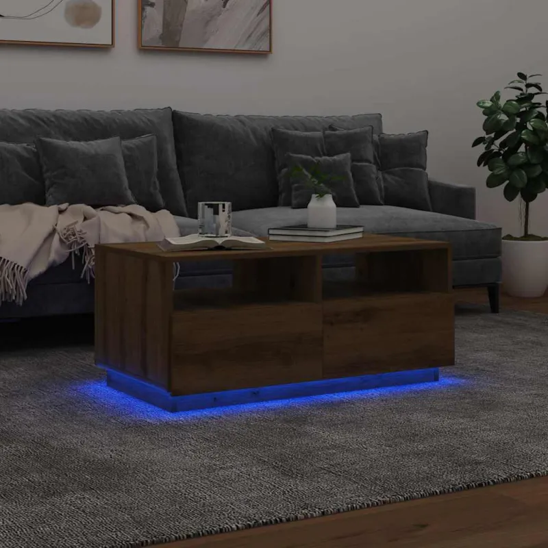 Kavos staliukas su LED lemputėmis, rudas ąžuolo, 90x49x40cm