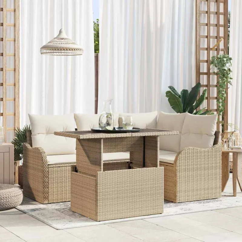 Sodo Sofų Rinkinys su pagalve 5 pcs Smėlio Poli ratanas