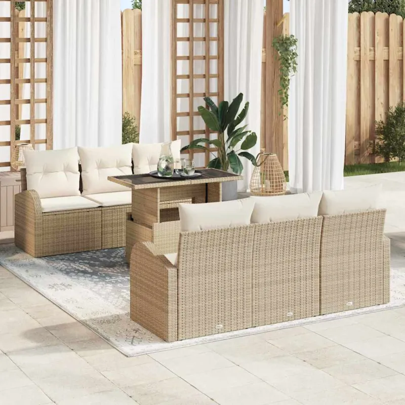 Sodo Sofų Rinkinys su pagalve 7 pcs Smėlio Poli ratanas