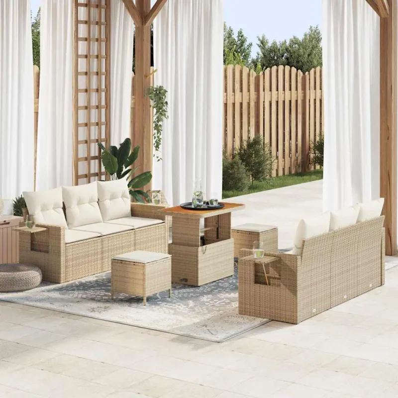 Sodo Sofų Rinkinys su pagalve 9 pcs smėlio ir kreminės spalvos