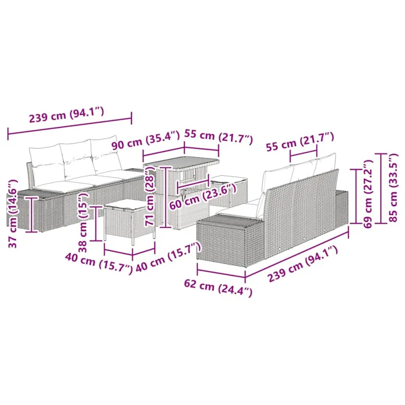 Sodo Sofų Rinkinys su pagalve 9 pcs Smėlio Poli ratanas