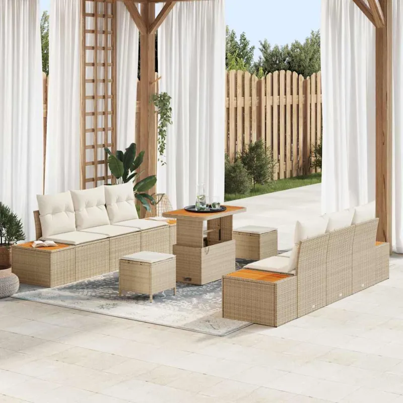 Sodo Sofų Rinkinys su pagalve 9 pcs Smėlio Poli ratanas