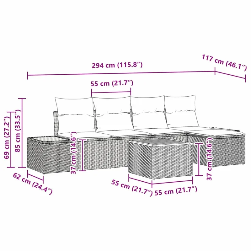 Sodo Sofų Rinkinys su pagalve 6 pcs Pilka Poli ratanas