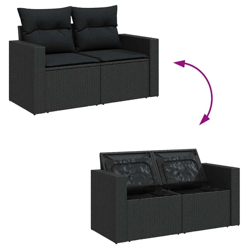 Sohvapöytäsetti tyynyineen, 6 osaa, musta, polyrottinki