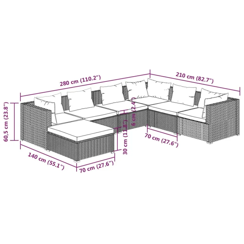 Sodo komplekti, 7 osaa, harmaa, polyrattana, tyynyt