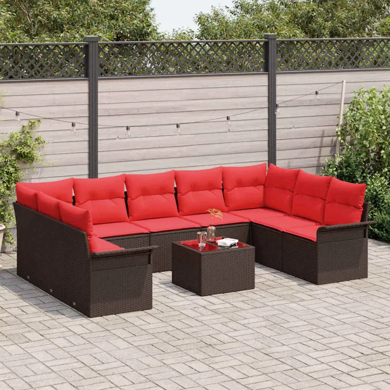 Puinen puutarhasohvasetti 10 osaa, tyyny, ruskea, polyrottinki