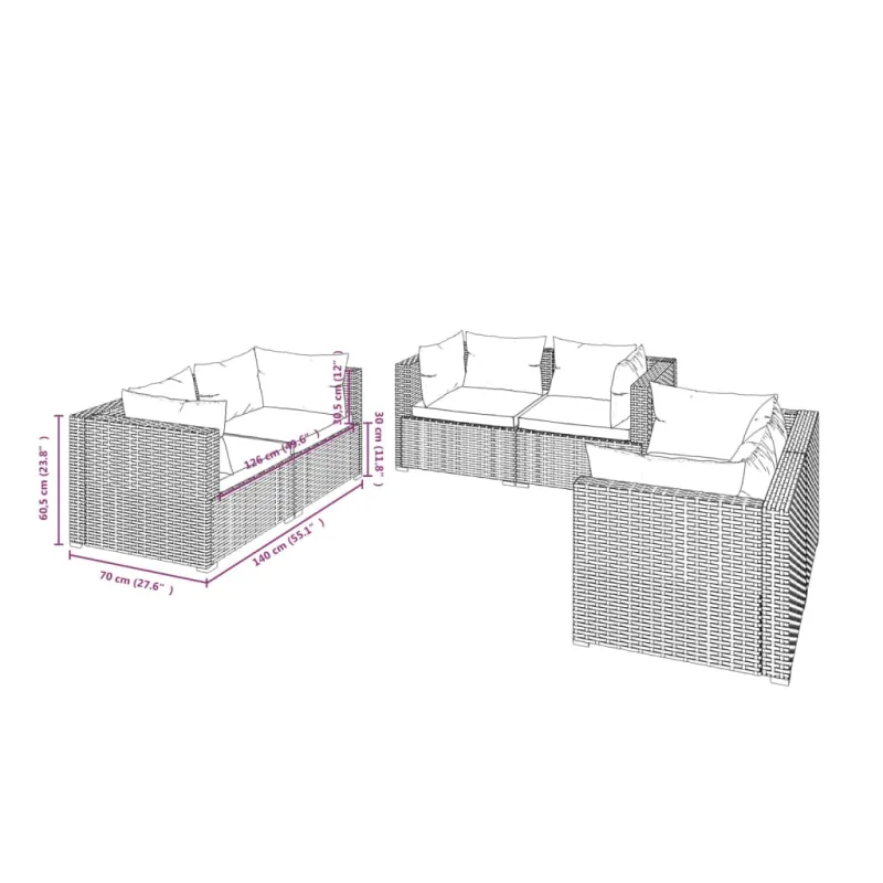 Sodo komplekti, 6 osaa, harmaa, polyrattaniikki, tyynyt