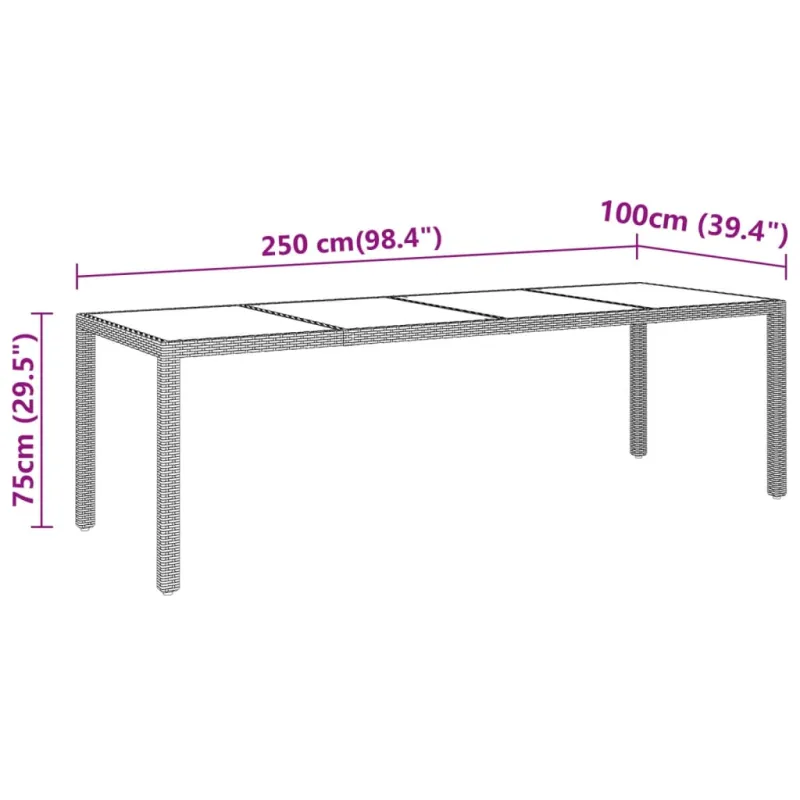 Sodo pöytätaso, harmaa, 250x100x75 cm, lasi ja polyrataani