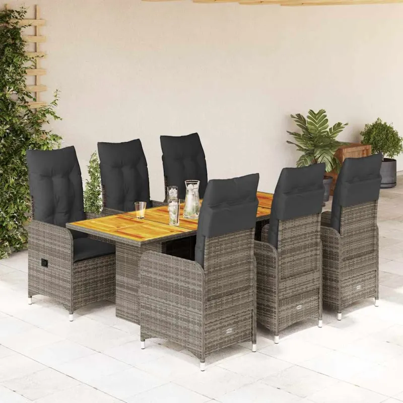 Bistro-Setti pehmusteilla, 7-os osat, harmaa, polyrattaniâ