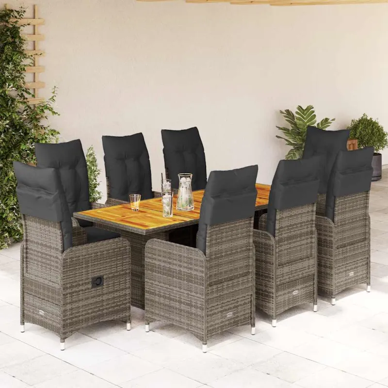 Bistro-Setti pehmusteilla, 9-os osat, harmaa, polyrattaniâ