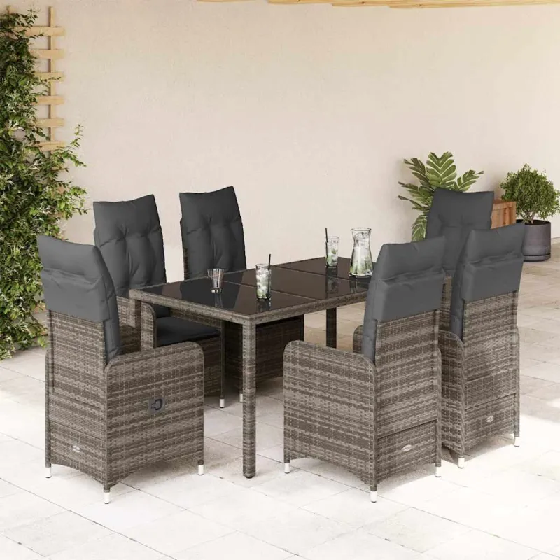 Bistro-Setti pehmusteilla, 7-os osia, harmaa, polyrattaniâ