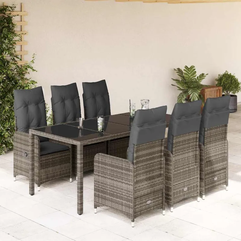 Bistro-Setti pehmusteilla, 7-os osat, harmaa, polyrattani