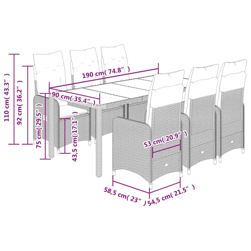Bistro-Setti pehmusteilla, 7-os osat, harmaa, polyrattani