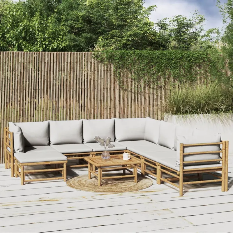 Sodo komplekti pilkoilla tyynyillä, 9 osaa, bambu