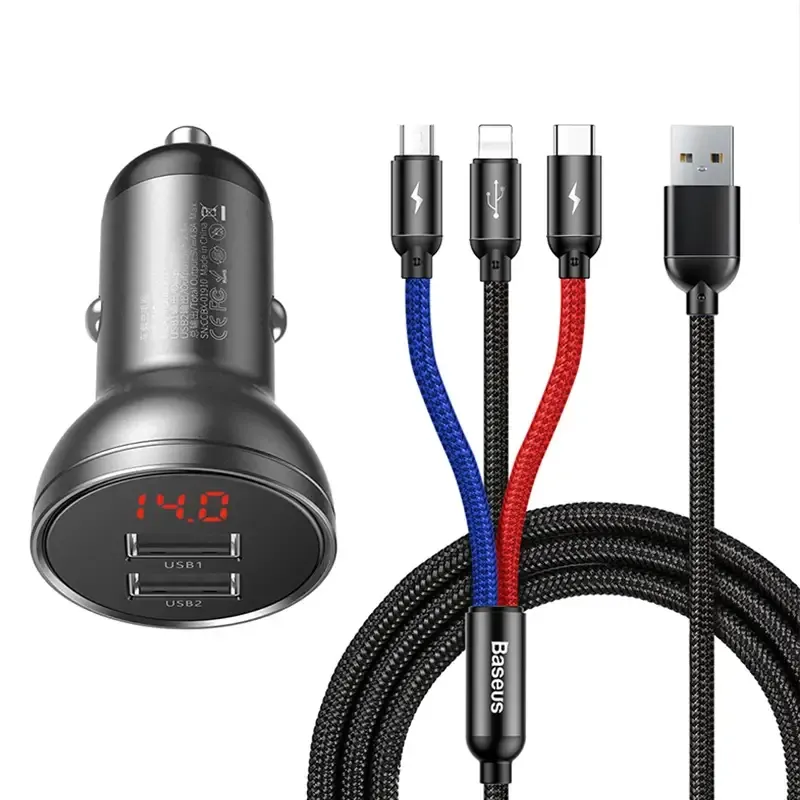 Baseus Auto laadija näidikuga 24W + Kaabel USB 3in1 Baseus Kolm põhivärvi 1,2m universaalne