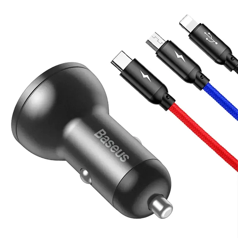 Baseus Auto laadija näidikuga 24W + Kaabel USB 3in1 Baseus Kolm põhivärvi 1,2m universaalne