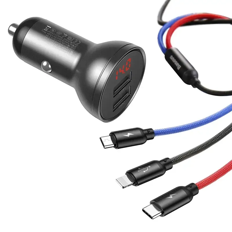 Baseus Auto laadija näidikuga 24W + Kaabel USB 3in1 Baseus Kolm põhivärvi 1,2m universaalne