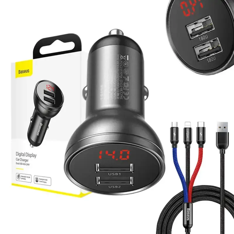 Baseus Auto laadija näidikuga 24W + Kaabel USB 3in1 Baseus Kolm põhivärvi 1,2m universaalne