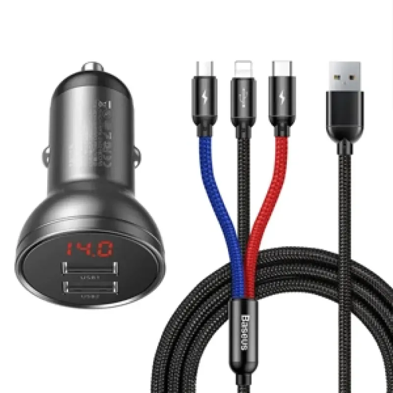 Baseus Auto laadija näidikuga 24W + Kaabel USB 3in1 Baseus Kolm põhivärvi 1,2m universaalne