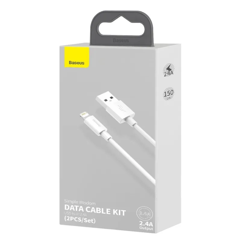 Baseus Simple Wisdom Andmesidekaablite Komplekt USB to Lightning 2,4A (2tk/set) 1,5m Valge universaal