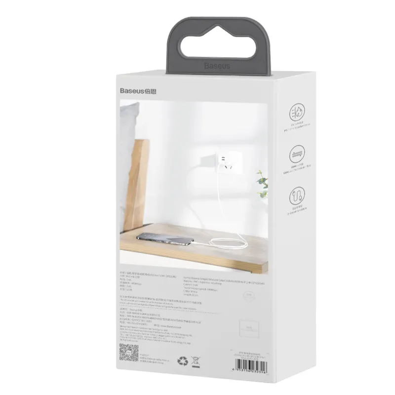 Baseus Simple Wisdom Andmesidekaablite Komplekt USB to Lightning 2,4A (2tk/set) 1,5m Valge universaal
