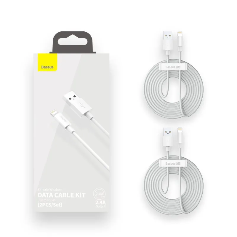 Baseus Simple Wisdom Andmesidekaablite Komplekt USB to Lightning 2,4A (2tk/set) 1,5m Valge universaal
