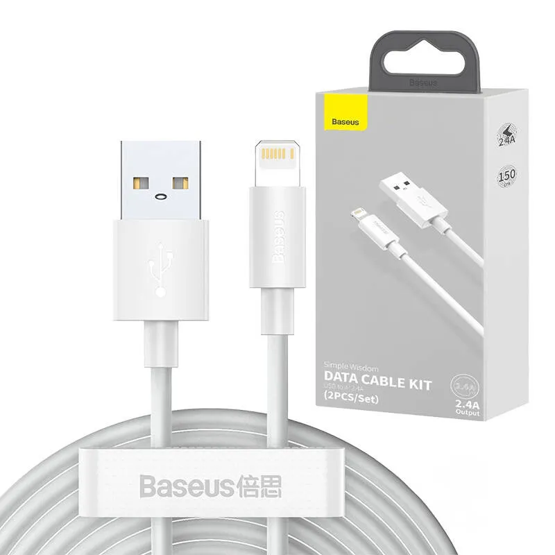 Baseus Simple Wisdom Andmesidekaablite Komplekt USB to Lightning 2,4A (2tk/set) 1,5m Valge universaal