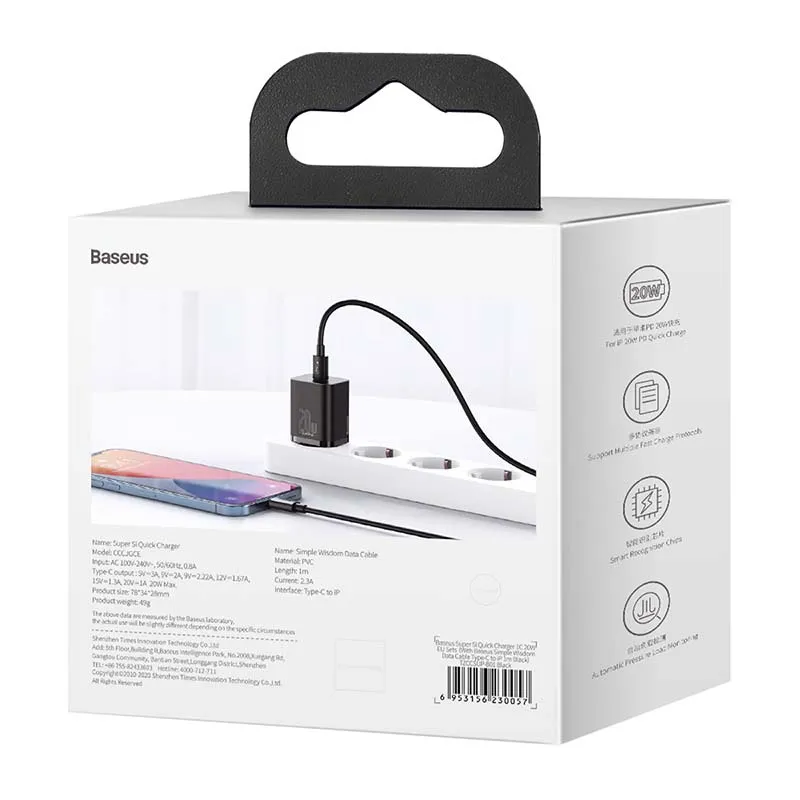 Baseus Super Si Quick Charger 1C 20W koos USB-C kaabliga Lightning 1m (must) universaalne