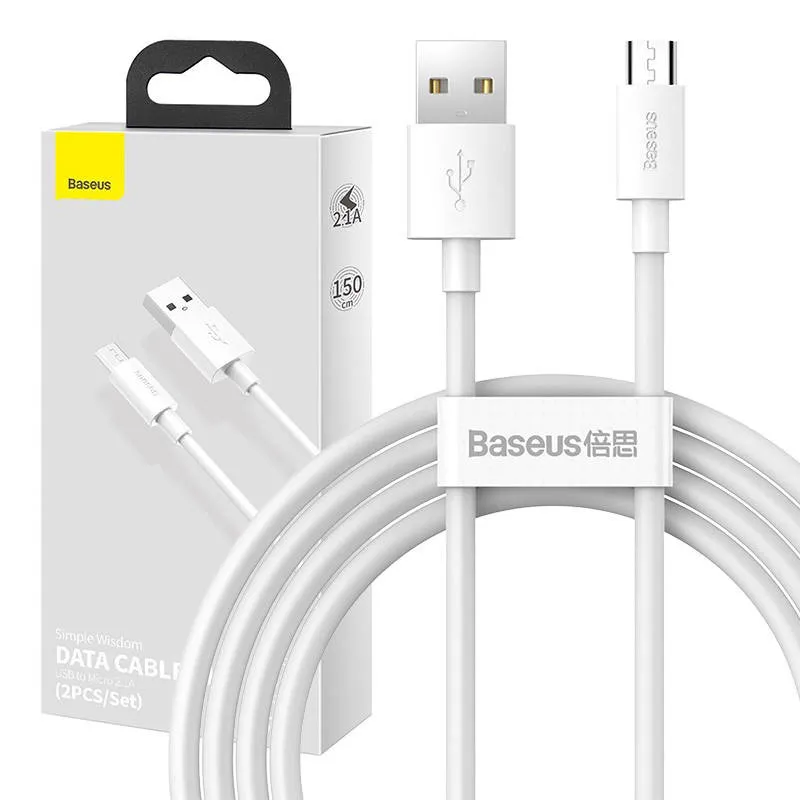 Baseus Simple Wisdom Andmesidekaablite Komplekt USB to Micro 2.1A (2tk/set) 1,5m Valge universaal