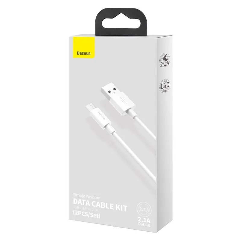 Baseus Simple Wisdom Andmesidekaablite Komplekt USB to Micro 2.1A (2tk/set) 1,5m Valge universaal