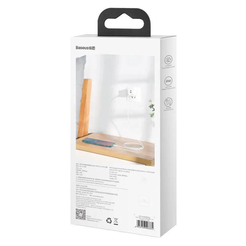 Baseus Simple Wisdom Andmesidekaablite Komplekt USB to Micro 2.1A (2tk/set) 1,5m Valge universaal