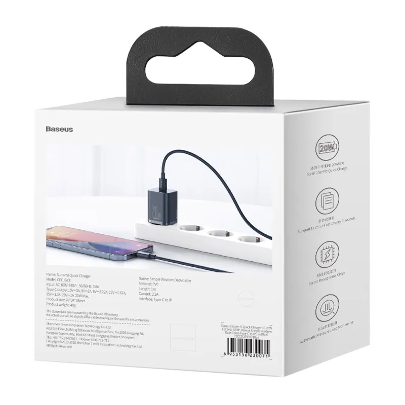Baseus Super Si Quick Charger 1C 20W koos USB-C kaabliga Lightning 1m (sinine) universaalne