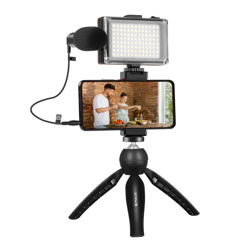 Puluz Live Salvestuskomplekt Tripod + LED Valgus + Mikrofon + Telefoniklips PKT3132B Universaal