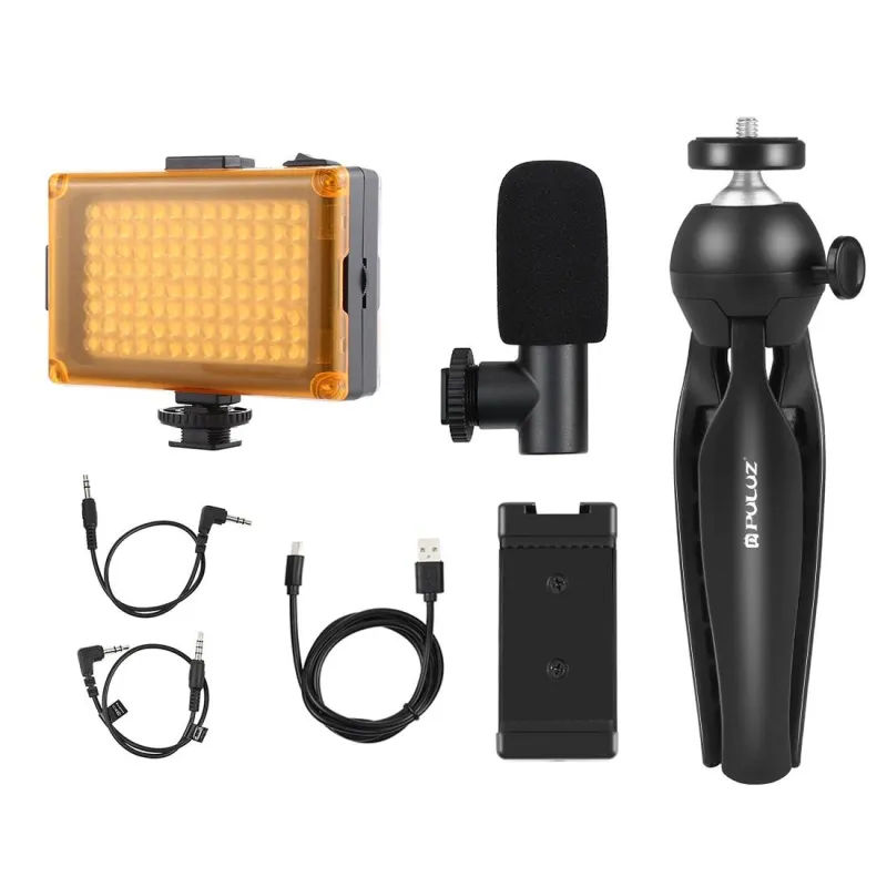 Puluz Live Salvestuskomplekt Tripod + LED Valgus + Mikrofon + Telefoniklips PKT3132B Universaal