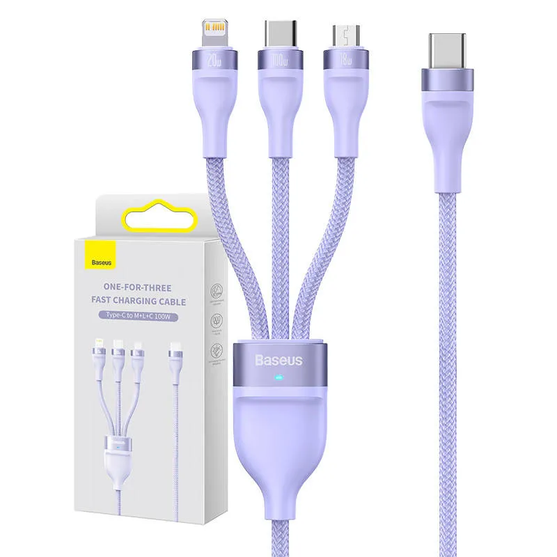 Kabel USB 3w1 Baseus Flash Series 2, USB-C + micro USB + Lightning, 100W, 1,5 m (lilla) universaalne