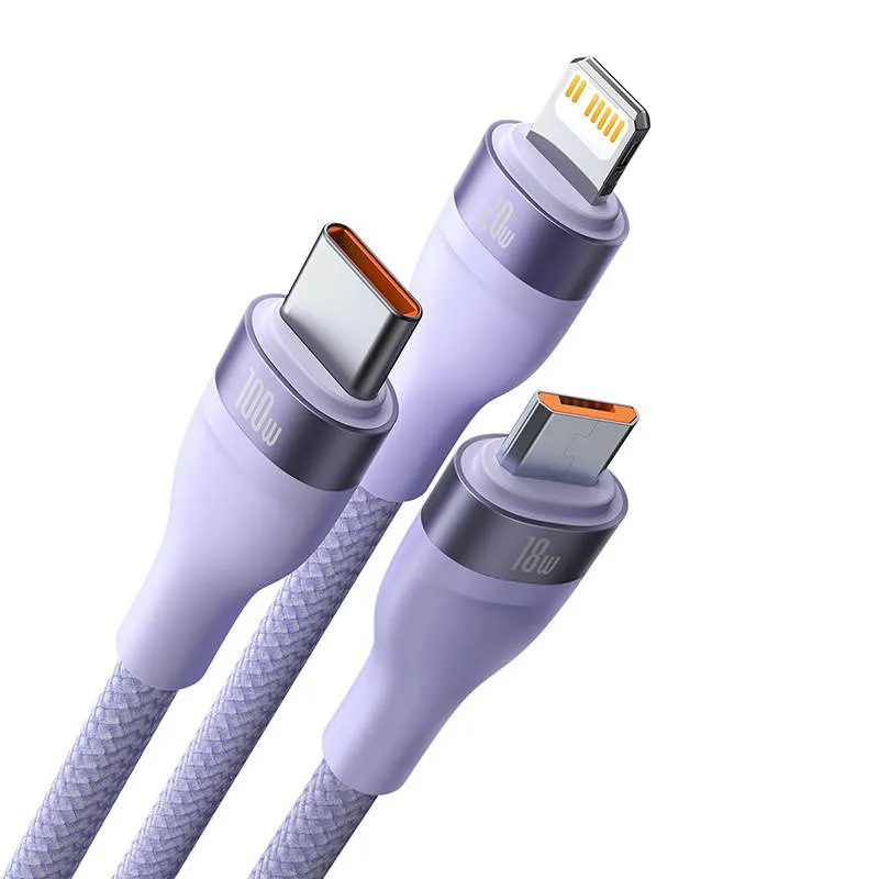 Kabel USB 3w1 Baseus Flash Series 2, USB-C + micro USB + Lightning, 100W, 1,5 m (lilla) universaalne