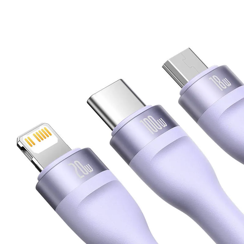 Kabel USB 3w1 Baseus Flash Series 2, USB-C + micro USB + Lightning, 100W, 1,5 m (lilla) universaalne