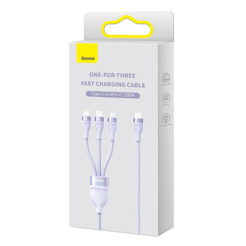 Kabel USB 3w1 Baseus Flash Series 2, USB-C + micro USB + Lightning, 100W, 1,5 m (lilla) universaalne