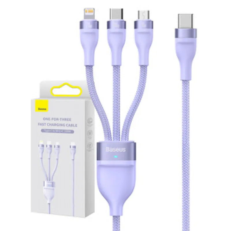 Kabel USB 3w1 Baseus Flash Series 2, USB-C + micro USB + Lightning, 100W, 1,5 m (lilla) universaalne