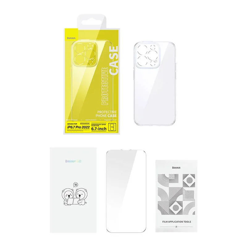 Baseus SuperCeramic Läbipaistev Klaasümbris ja karastatud klaas komplekt iPhone 14 Plus universaalne