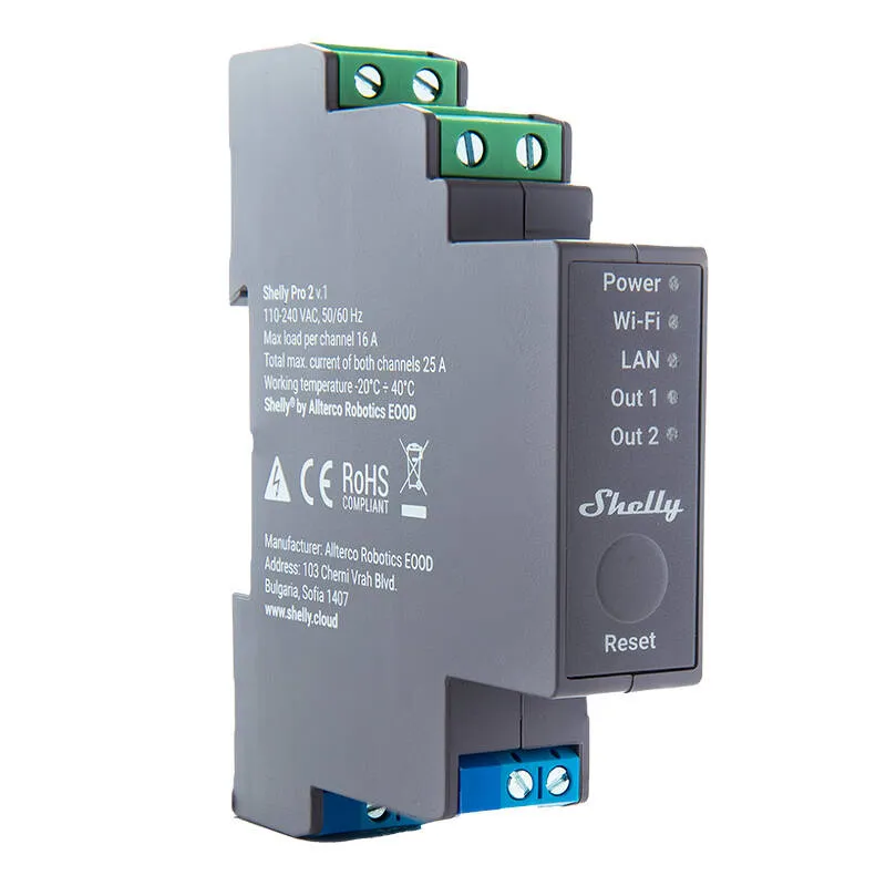 Shelly Pro 2 DIN-raamil 2-kanaliline relee, WiFi/LAN universaal