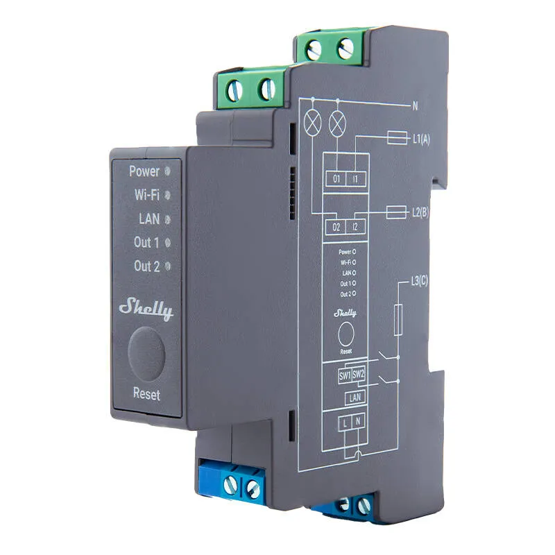 Shelly Pro 2 DIN-raamil 2-kanaliline relee, WiFi/LAN universaal