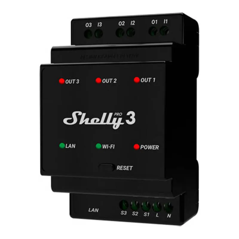 Shelly Pro 3 DIN-raamil 3-kanaliline relee, WiFi/LAN universaal