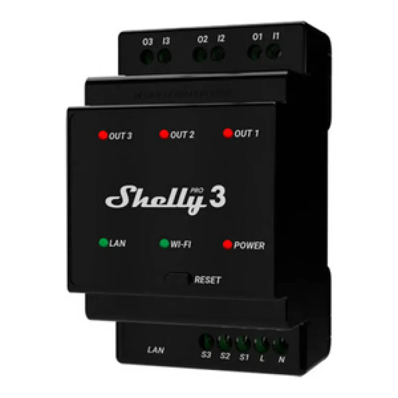 Shelly Pro 3 DIN-raamil 3-kanaliline relee, WiFi/LAN universaal