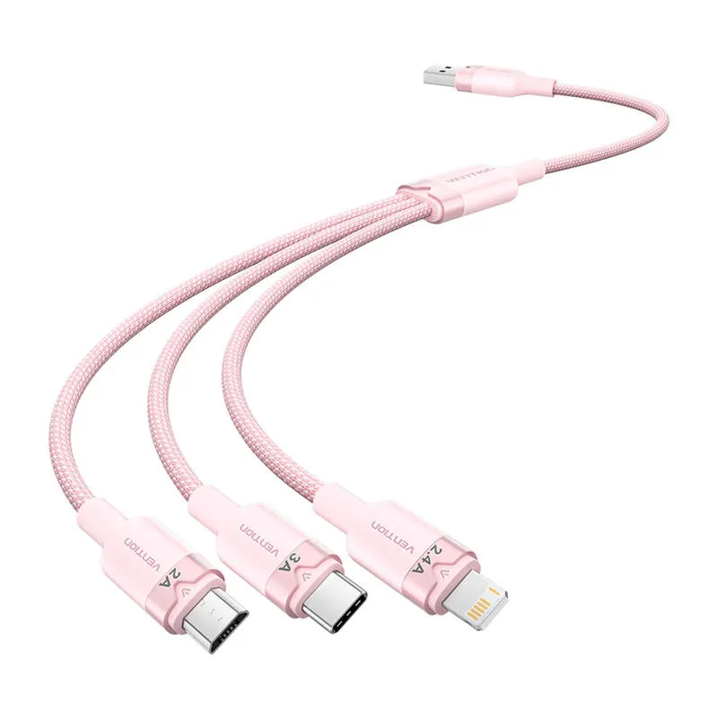 USB 2.0 A kuni 3-in-1 3A kaabel Vention CTPPG 1,5 m (roosa) universaalne